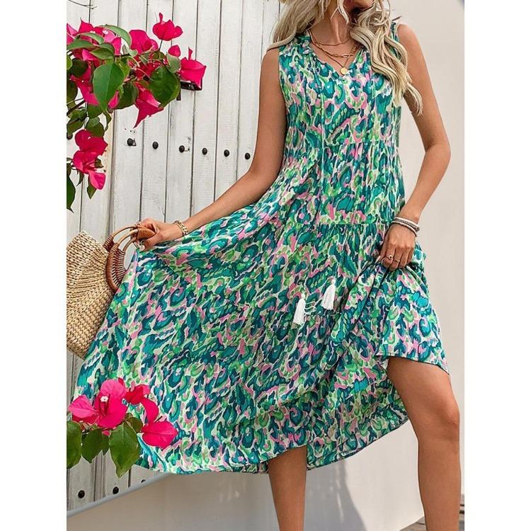 European American Style Summer Abstract Beach Vacation Midi Dress New