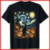Halloween Van Gogh Starry Night Black Cat Pumpkins Black Cotton T-Shirt S-5XL