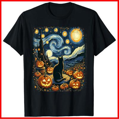 Halloween Van Gogh Starry Night Black Cat Pumpkins Black Cotton T-Shirt S-5XL