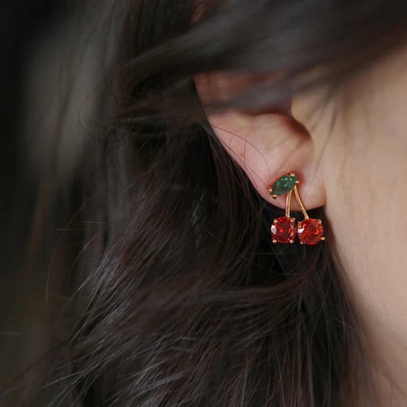 New Red Zircon Cherry Leaf Stud Earrings Women Piercing Jewelry For Fashion Crystal Dangle Party Prom Birthday Wedding Gifts