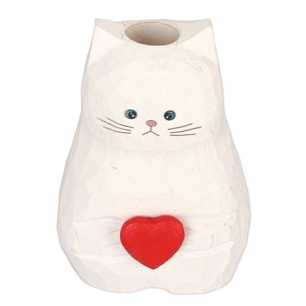 Cat Statue Flower Vase White Handmade Textured Wooden Cat Vase for Thanksgiving Day Gift Cat Lovers