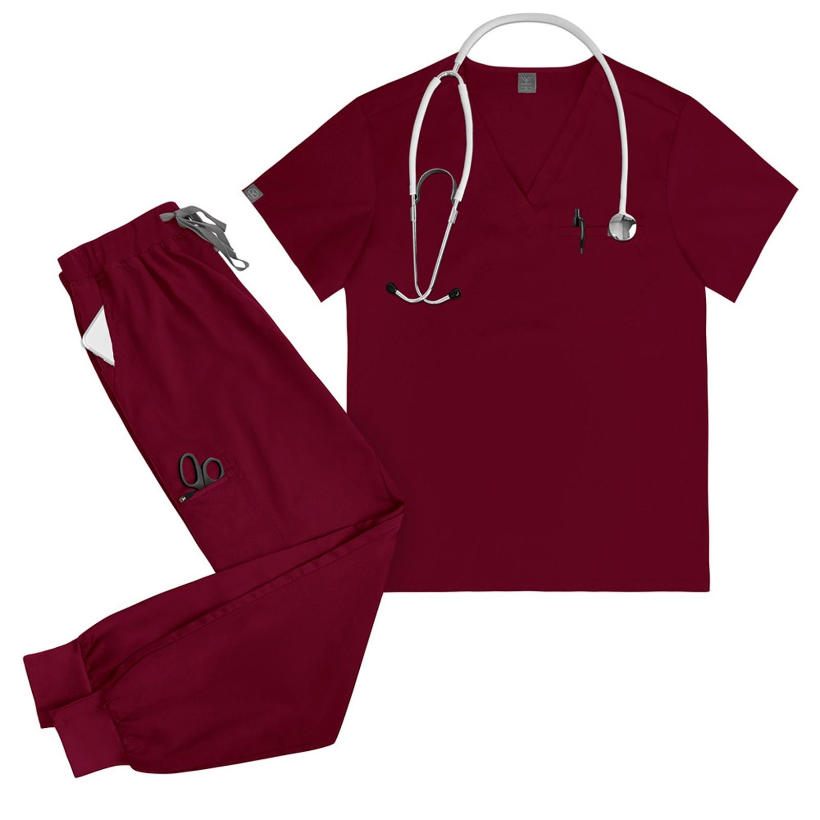 

Женский однотонный топ с короткими рукавами и V-образным вырезом, карманами, рабочая одежда, комплект из двух предметов XS винный