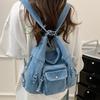 Denim Square Backpack Women Large Capacity Shoulder Bag Travel Tote With Zip Stitched Detail