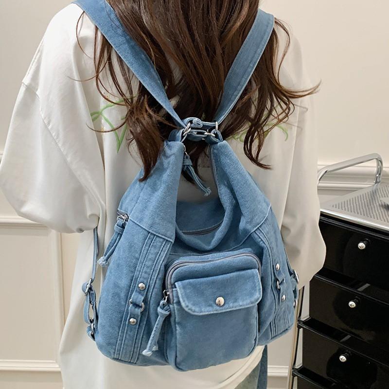 Denim Square Backpack Women Large Capacity Shoulder Bag Travel Tote With Zip Stitched Detail