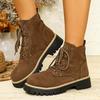 Large Size Round Head Lace-up Martin Boots Winter Suede Retro Thick Heel Short Boots Women