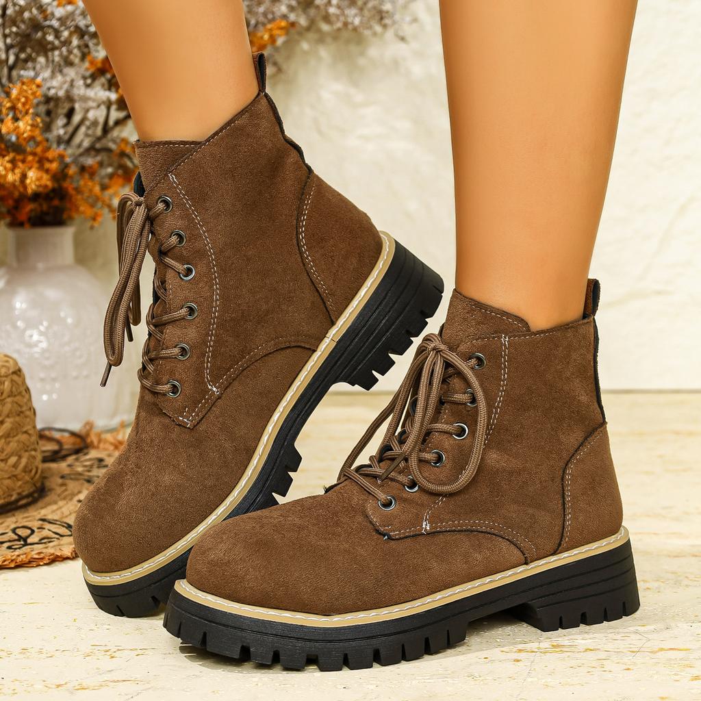 Large Size Round Head Lace-up Martin Boots Winter Suede Retro Thick Heel Short Boots Women