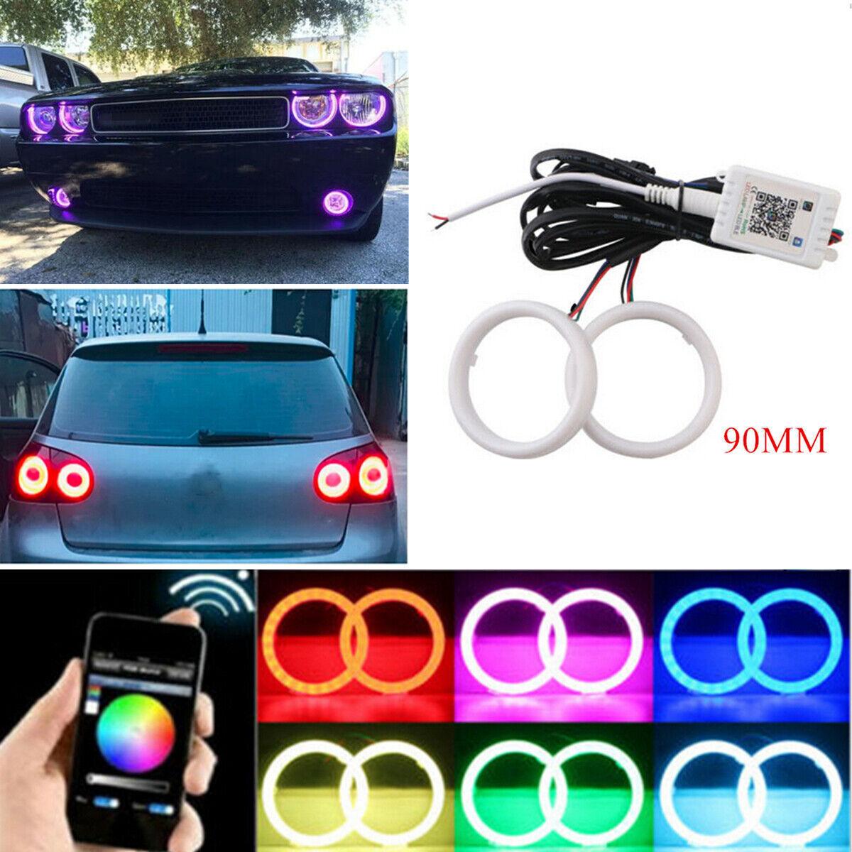 Цветные автомобильные фары Bluetooth с управлением через приложение, 90 мм, RGB кольца «Ангельские глазки» (Halo Rings), 90 мм, для автомобиля