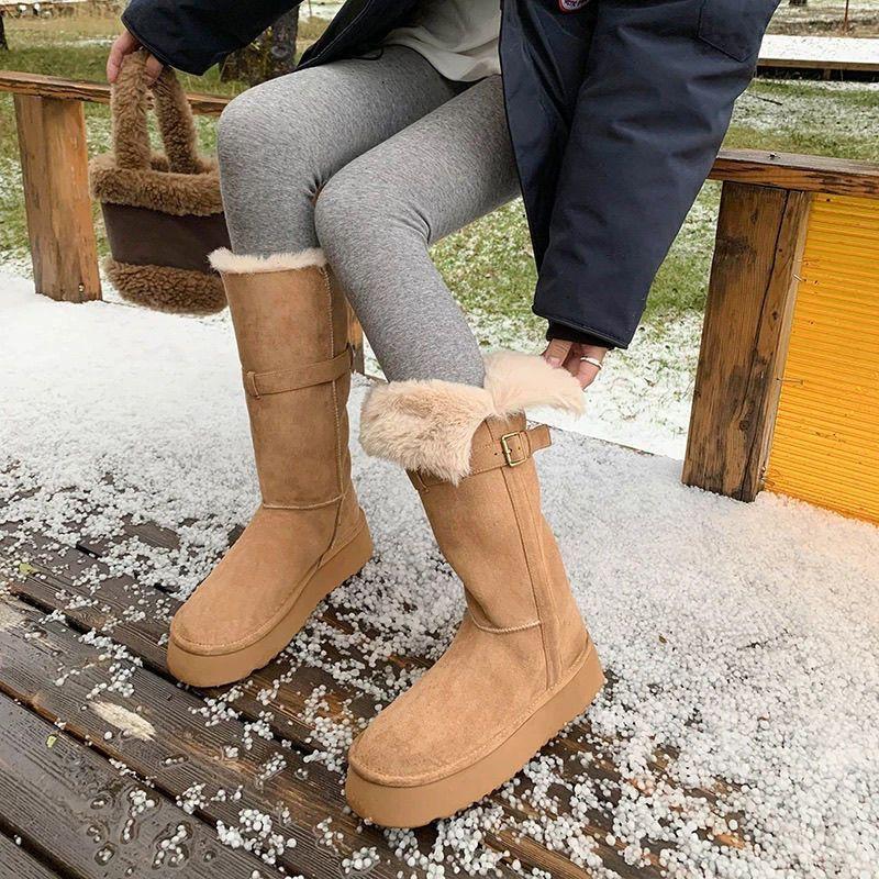 Fleece and thicker fashionable versatile warm snow boots women's 2025 new winter thick-soled long tube women's medium tube boots
