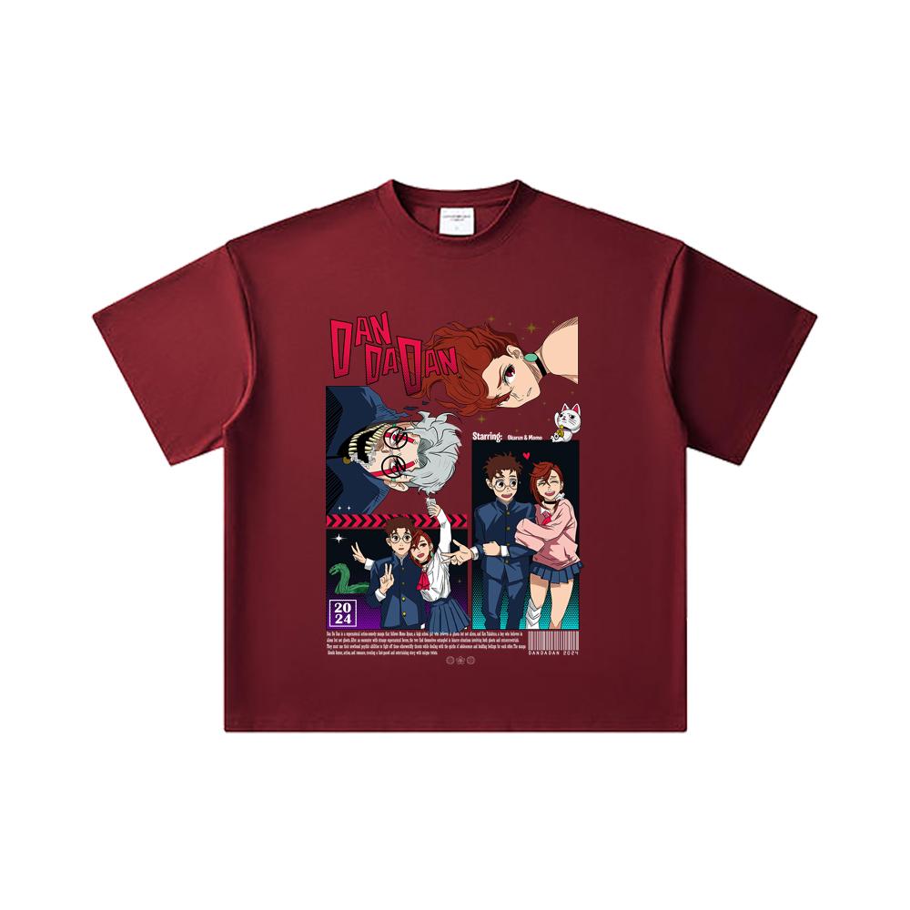 

260 GSM Double Yarn 32 Count 100% Cotton Dandadan V16 Momo Okarun Print Unisex Heavy Cotton T Shirt 2XL вина червоного кольору