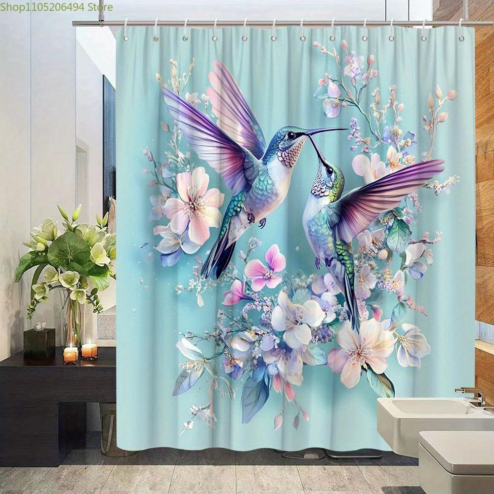 1pc Dancing Hummingbirds Bath Curtain Soft Teal Background with Iridescent Birds Pink White Floral Arrangement Romantic Decor