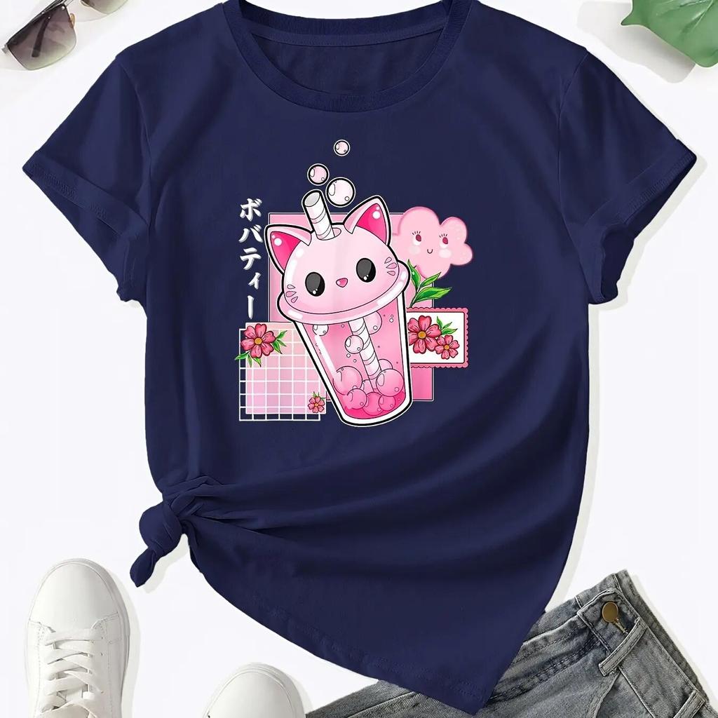 Boba Tea Cat Bubble Print T-Shirt, Kawaii Crew Neck Short Sleeve T-Shirt For Spring & Summer, WoUnisex Clothing Unisex