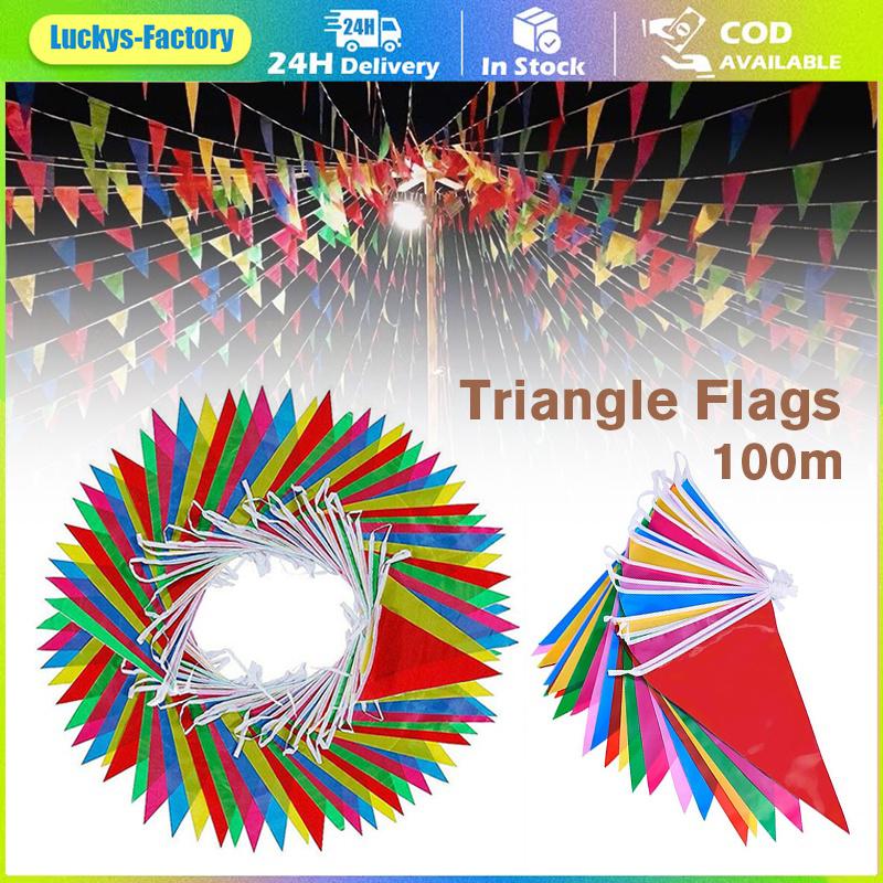 1Bag 100M Multicolored Triangle Flags Bunting Banner Party Festival Pennant Outdoor Nylon Triangular String Flag Decor 100m