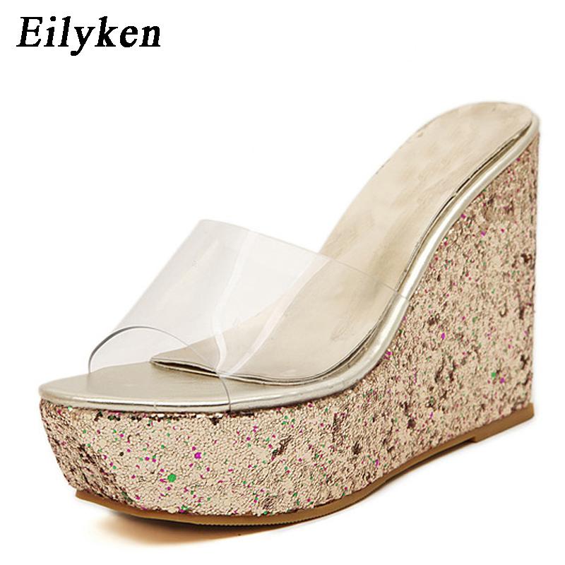 Fashion Eilyken PVC Transparent Lady's Slipper Platform Heel Slides Open-Toe Wedge Slipper Shoes Zapatillas De Mujer