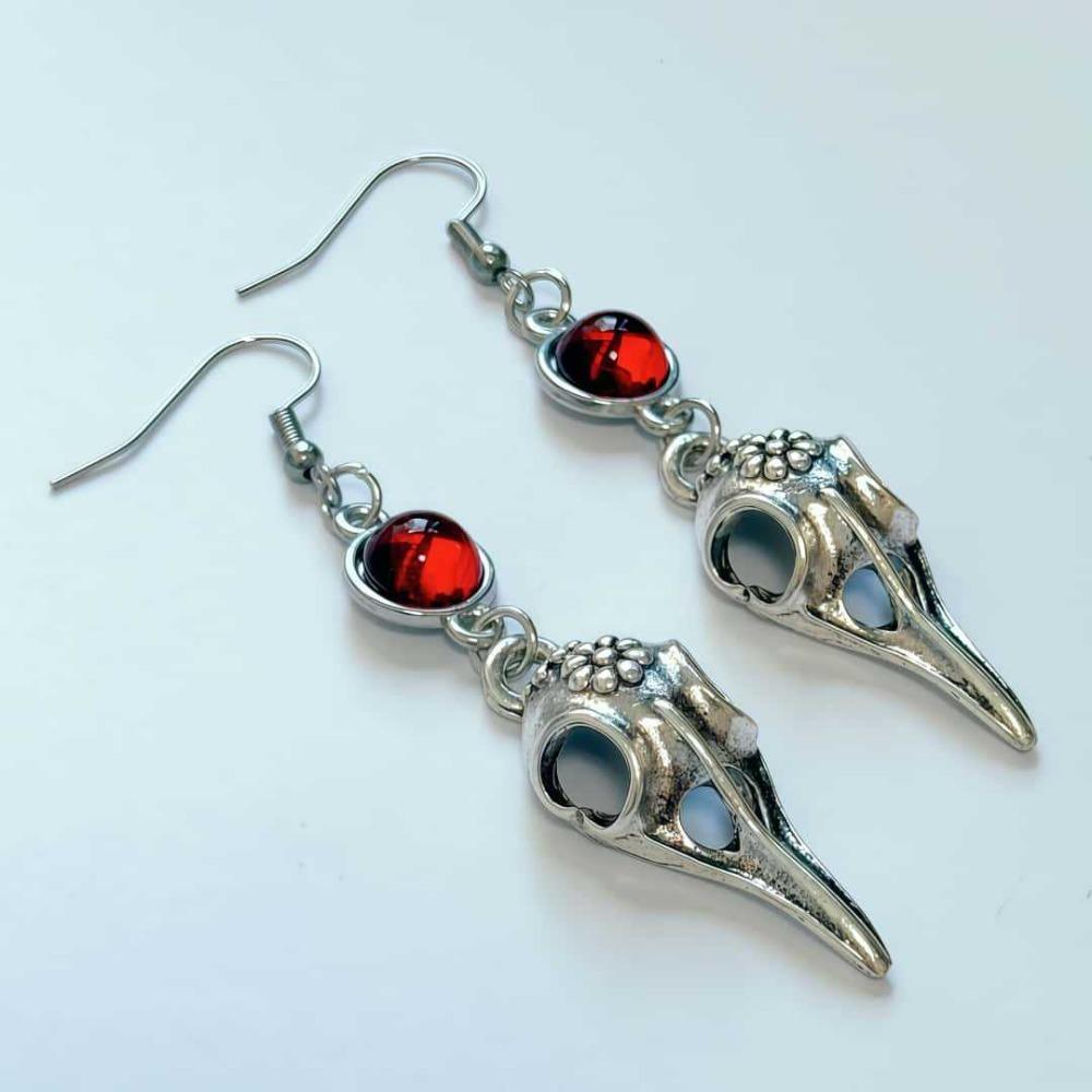 Gothic Punk Red Crystal Vampire Bird Skull Crow Dangle Earrings for Women Hallowmas Party Heathen Wizard Earrings Jewelry Gifts