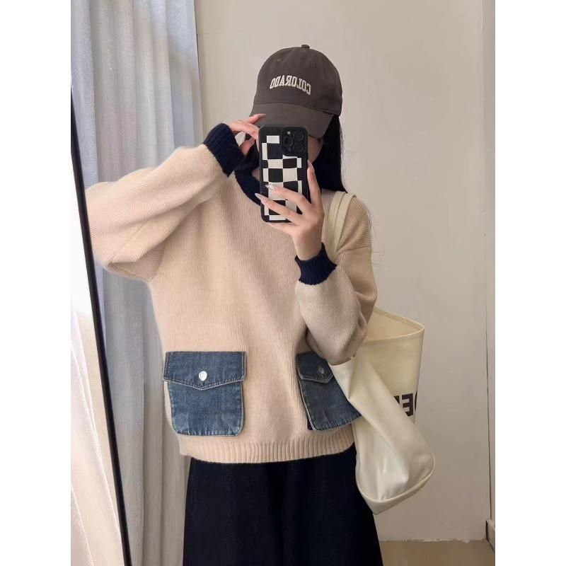Autumn new contrasting color design sense splicing denim pocket knitted sweater top loose versatile sweater pullover women