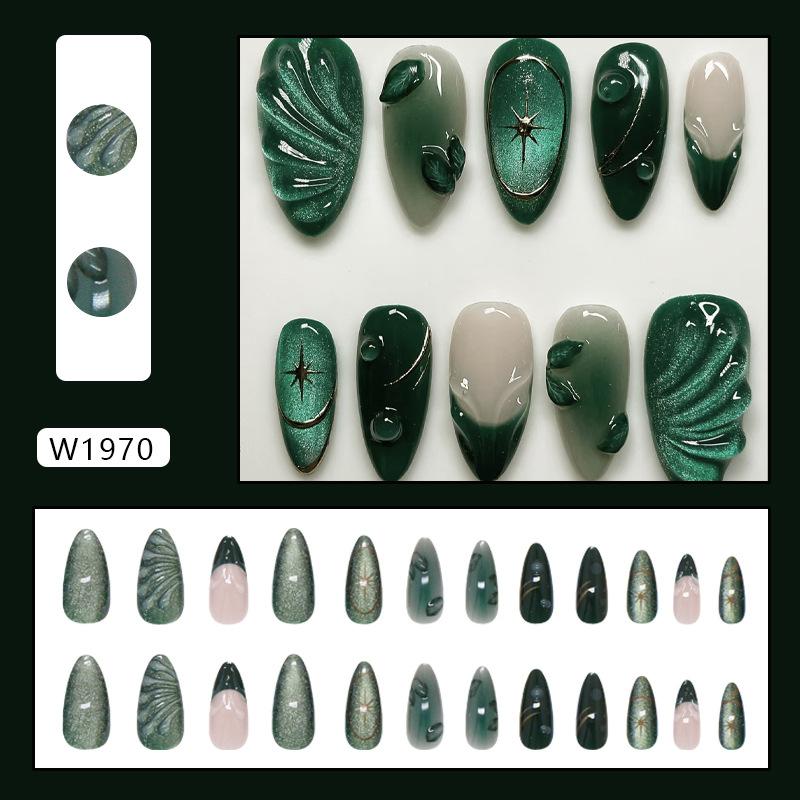Mode Retro Grünes Katzenauge Press-On Nägel 24 Stück Französischer Stil Falsche Nägel Wiederverwendbare Nagelspitzen Für Frauen Nagelkunst Zubehör