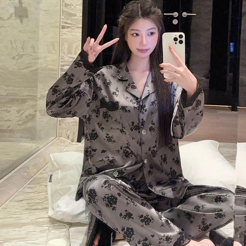 New ice silk pajamas women's spring new long-sleeved trousers high-end small floral loungewear set