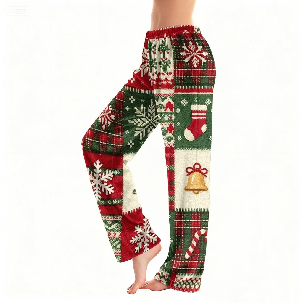 Women's Christmas Plush Pants with Snowflake and Christmas Tree Print, Cozy Sleep Pants for Home