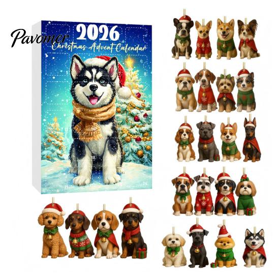 Gift Box for Boys Girls Dog Advent Calendar, 2D Acrylic Breeds Ornaments, 24-Days Christmas Party Favors Enthusiasts Countdown Calendar with 24 Puppy