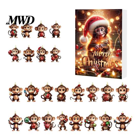 Christmas Tree Decoration Monkey Advent Calendar, 24 Days Countdown Calendar with 2D Acrylic Hanging Pendant Ornament, Funny Animal Xmas for