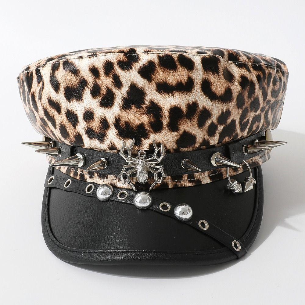 Punk Y2k Beret Hat Harajuku Flat Top Cap Vintage Rivet Leopard Hat  for Girls
