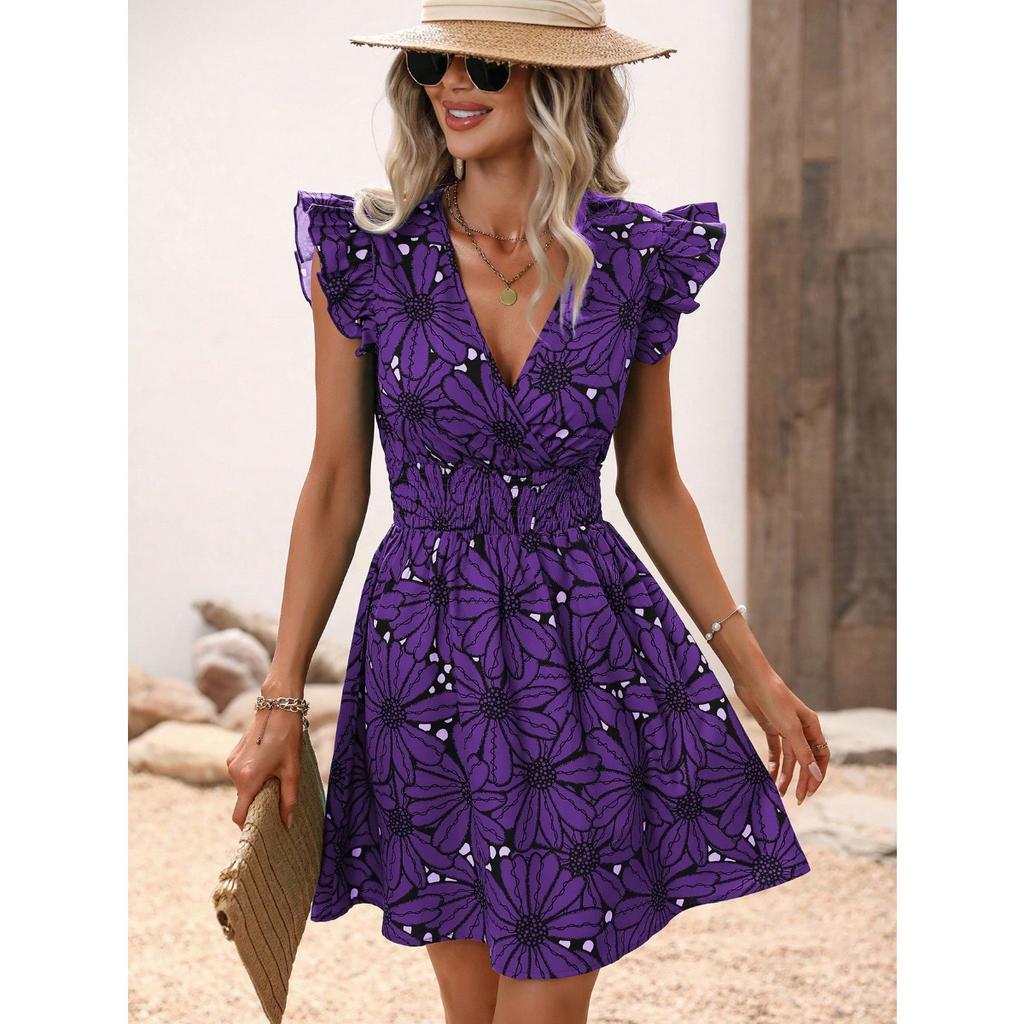 Sommer Damen Sexy V-Ausschnitt Taillenbetont Ärmellos Großes Florales Rüschensaum Kleid, Europäischer Amerikanischer Stil Lässiges Urlaubs Kleid für Damen
