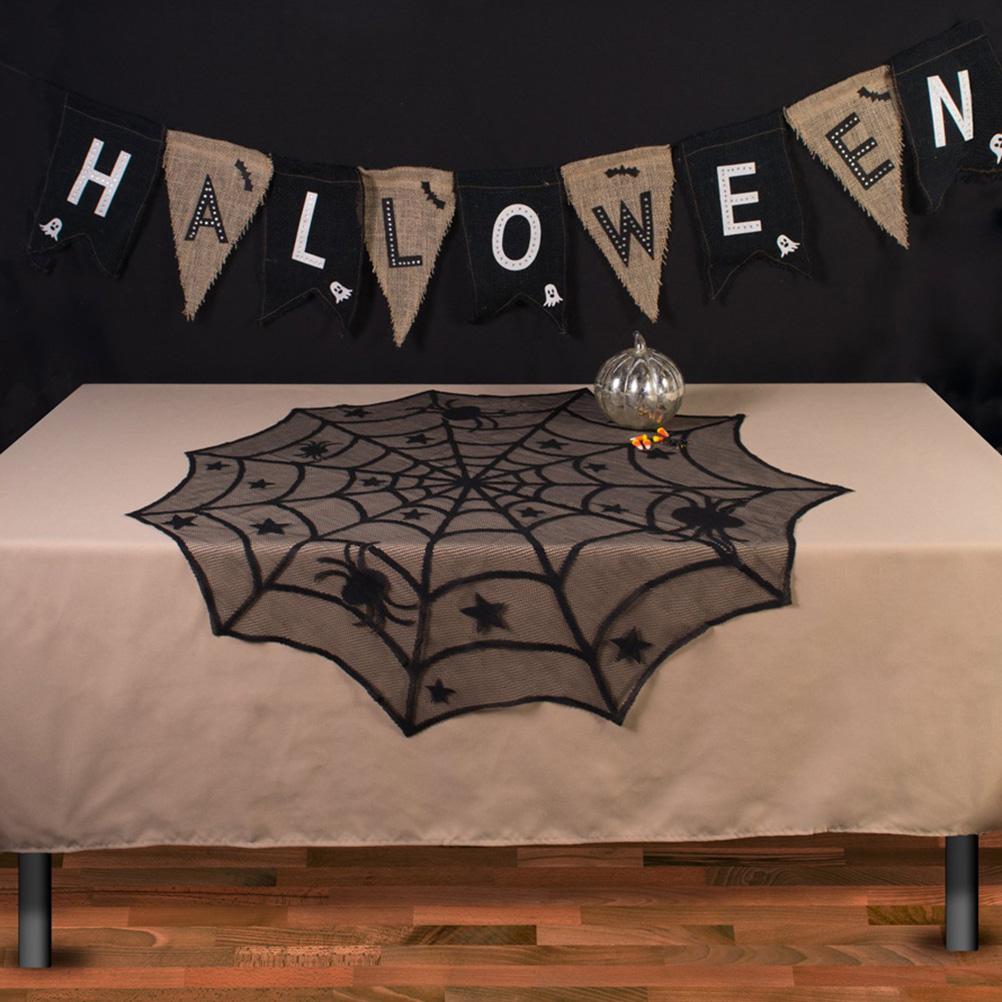 40 Inch Round Polyester Lace Table Topper Black Spider Web Halloween Tablecloth for Halloween
