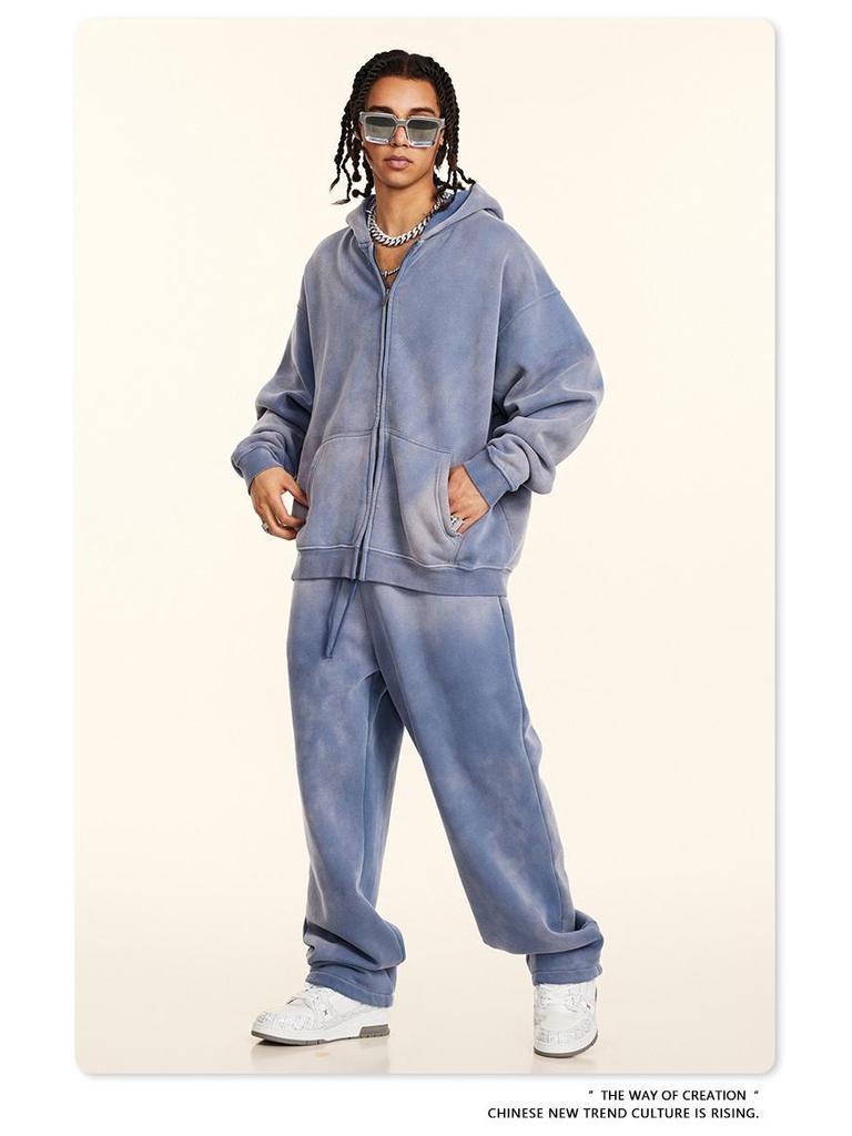 BE Winter 2025 Men's American Trend Plus Velvet Hooded Sweatshirt & Straight Casual Pants Two-Piece Set