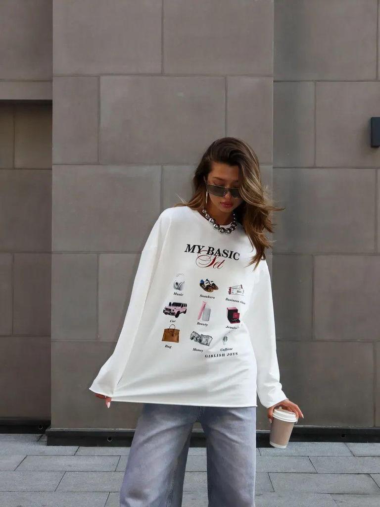 2025 Early Autumn Trendy Loose-Fit Long-Sleeve T-Shirt for Women - European & American Style, Pure Cotton, Fun Print