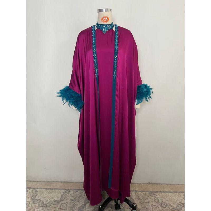 

Middle East Fashion Hand Sewing Drill Feather Sleeve One-piece Dress set Hand Sewn Diamond Dress Set Rose purple M