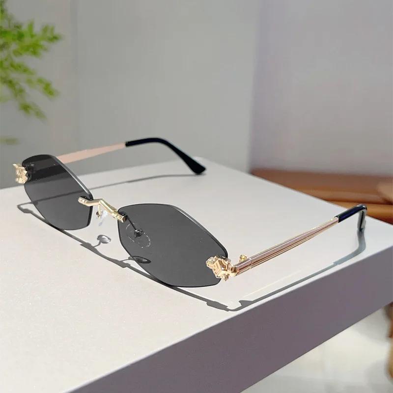 Vintage Rimless Rhombus Sunglasses Women For Men Luxury Brand Designer Popular Punk Hip Hop Metal Leopard Head Sun Glasses