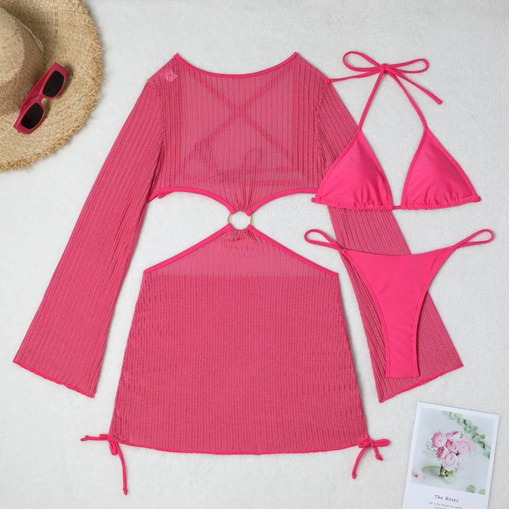 With Long Sleeve Cover Up Halter Bikini Women Swimwear Female Swimsuit Three-pieces Bikini set Bather Bathing Suit Swim