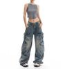 Women's High Waist Wide Leg Cargo Jeans Light Weight Slight Stretch Vintage Washed Multi Pocket Y2K Streetwear Floor Length Denim Trousers