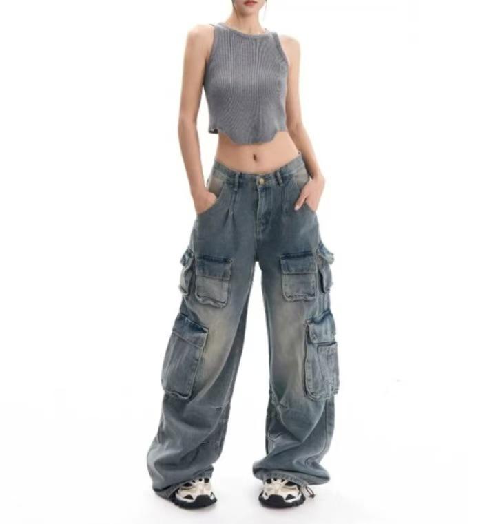 Women's High Waist Wide Leg Cargo Jeans Light Weight Slight Stretch Vintage Washed Multi Pocket Y2K Streetwear Floor Length Denim Trousers