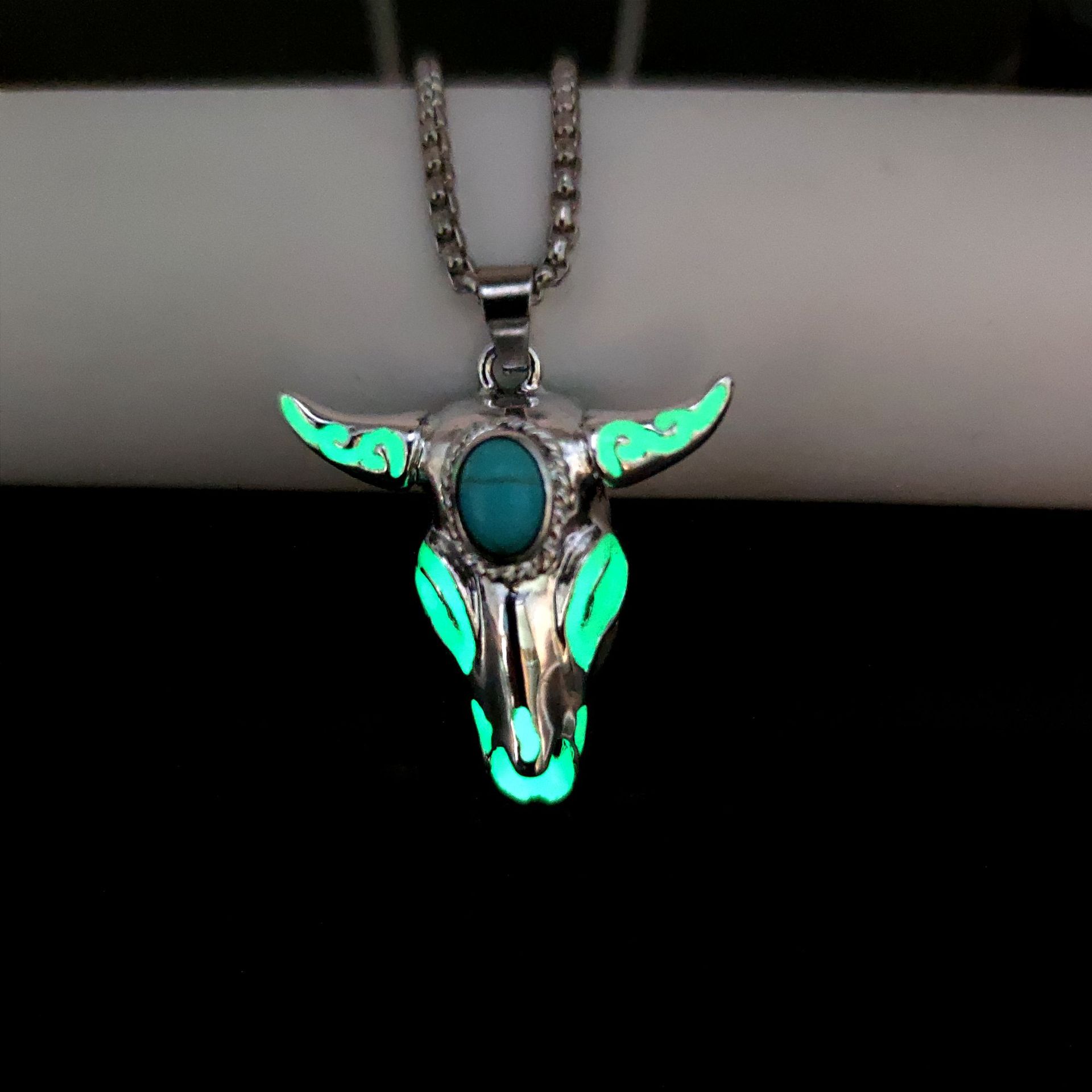 

Vintage Glow In The Dark Turquoise Skull Bull Head Necklace Religious Animal Totem Pendant