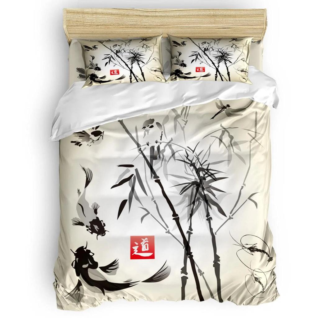 Red Plum Blossom King Queen Duvet Cover Ink Landscape Painting Bedding Set Chinese Style Quilt Cover Polyester Comforter Cover