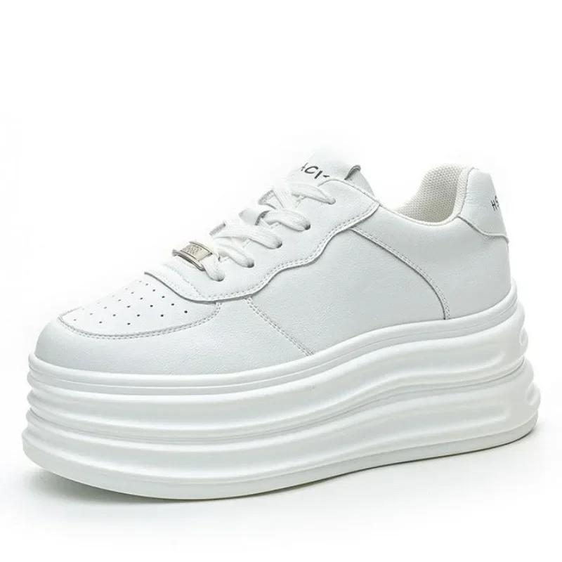 

7.5CM Genuine Leather Vulcanize Comfy Spring Autumn Ankle Booties Women Platform Chunky Sneaker Loafer White High Brand Shoes 40 белый