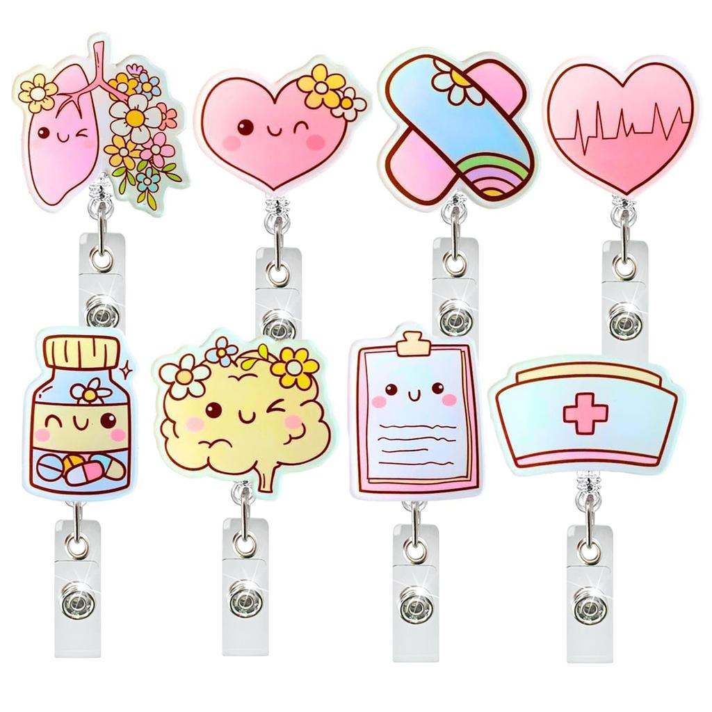 Medical Acrylic Glitter Pill Heart Lung  ID Badge Holder Retractable Badge Reel Rotatable Crocodile Clip for Doctor Nurse