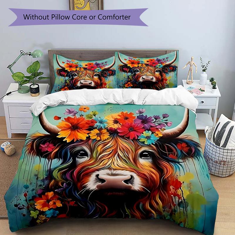 

3 шт. Комплект постельного белья «Цветочное величие» с изображением шотландской коровы - 1 мягкий пододеяльник + 2 наволочки, Машинная стирка - Подходит для всех сезонов, Идеальный подарок 135x200cm