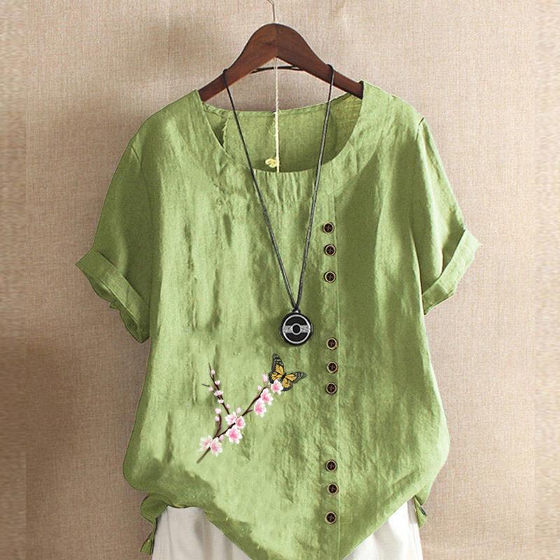 Women's Fashion Flowers Prined Short Sleeve T-shirt Loose Cotton Shirt Casual Loose Summer Blouse Tops Plus Size