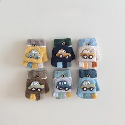 1 Pair Kids Half Finger Gloves Winter Warm Boys Thermal Mittens with Cool Car Pattern Toddler Baby Anti-Slip Touchscreen Gloves