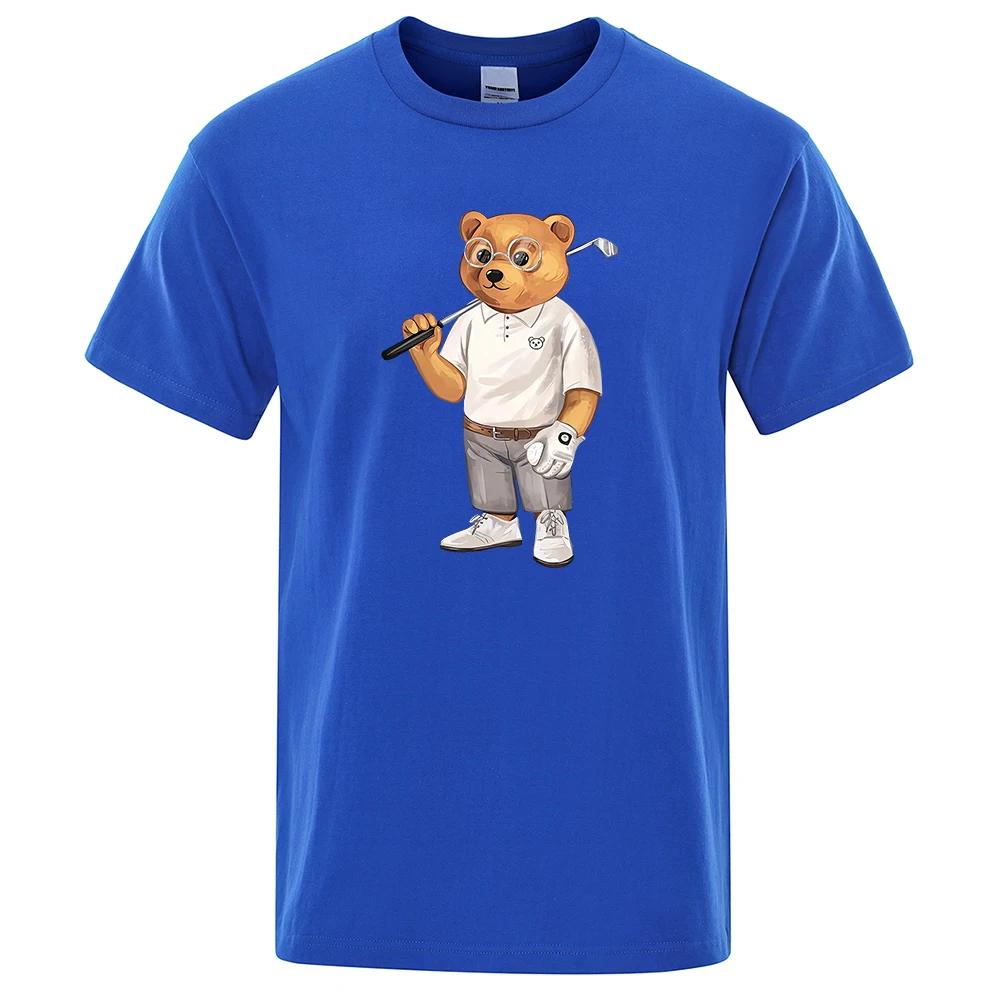 Gentleman Teddy Bear Playing Golf Men T Shirts Summer Cotton Sweat T-Shirts Breathable Loose Clothes Hip Hop Street Short Sleeve