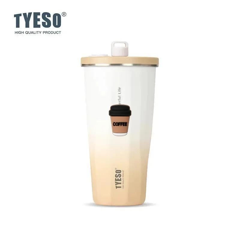 Tyeso 600ML Stainless Steel Coffee Cup With Straw Gradient Color Insulated Water Bottle Car Thermos Mug Cold Drink Vacuum Cup with Coffee Sticker