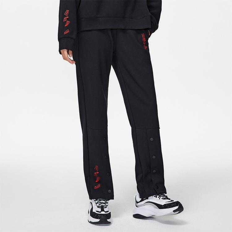 Li Ning Sports Fashion Series Daily Progress Theme Embroidered Pattern Casual Straight Leg Sports Knit Pants Women Pants Black AKLR022-1