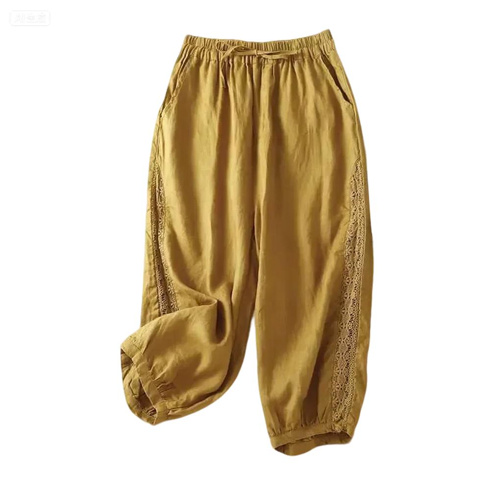 Damen Baggy Baumwoll-Leinenhose Elastischer Bund Lässig Locker Sommer Strandurlaub Hose