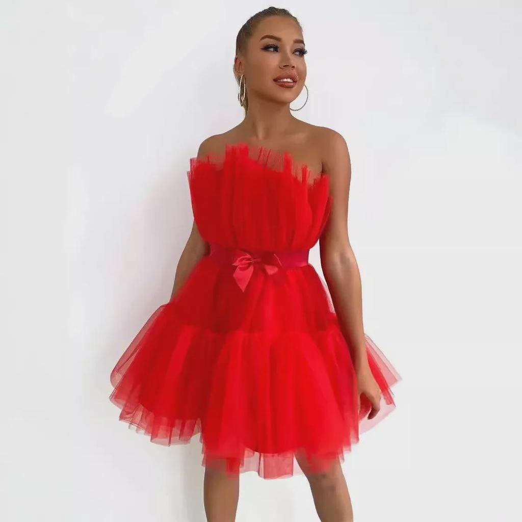 WT2025 Elegantes Mesh-Tüllkleid mit Schleife