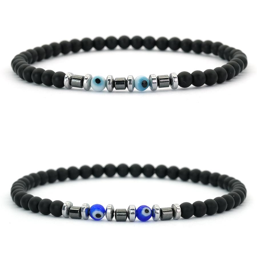

New Fashion 2Pcs Men Bracelet Turkey Evil Eyes Strand Braslet Weightless Natural 4mm Onyx Hematite Energy Jewelry Gift For Him 17.5cm(6.9inch)