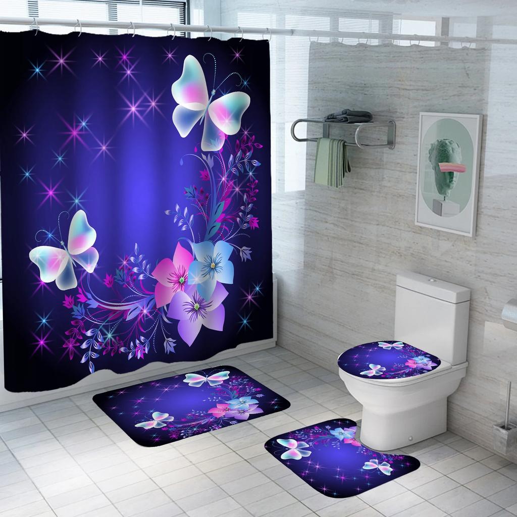 Colorful Butterfly Shower Curtain Set Waterproof Bathroom Curtain Set Anti-Slip Bath Mat Set Toilet Rugs Carpet Home Decor