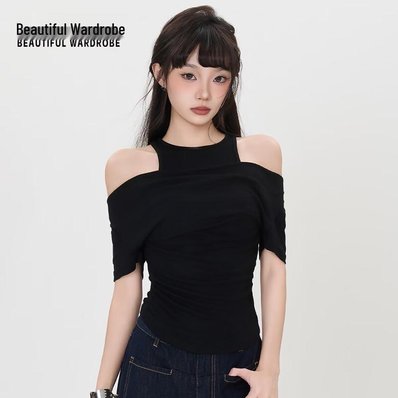 Beautiful Wardrobe Women s Halter Off-Shoulder Slim Fit Crop T-Shirt L чёрный