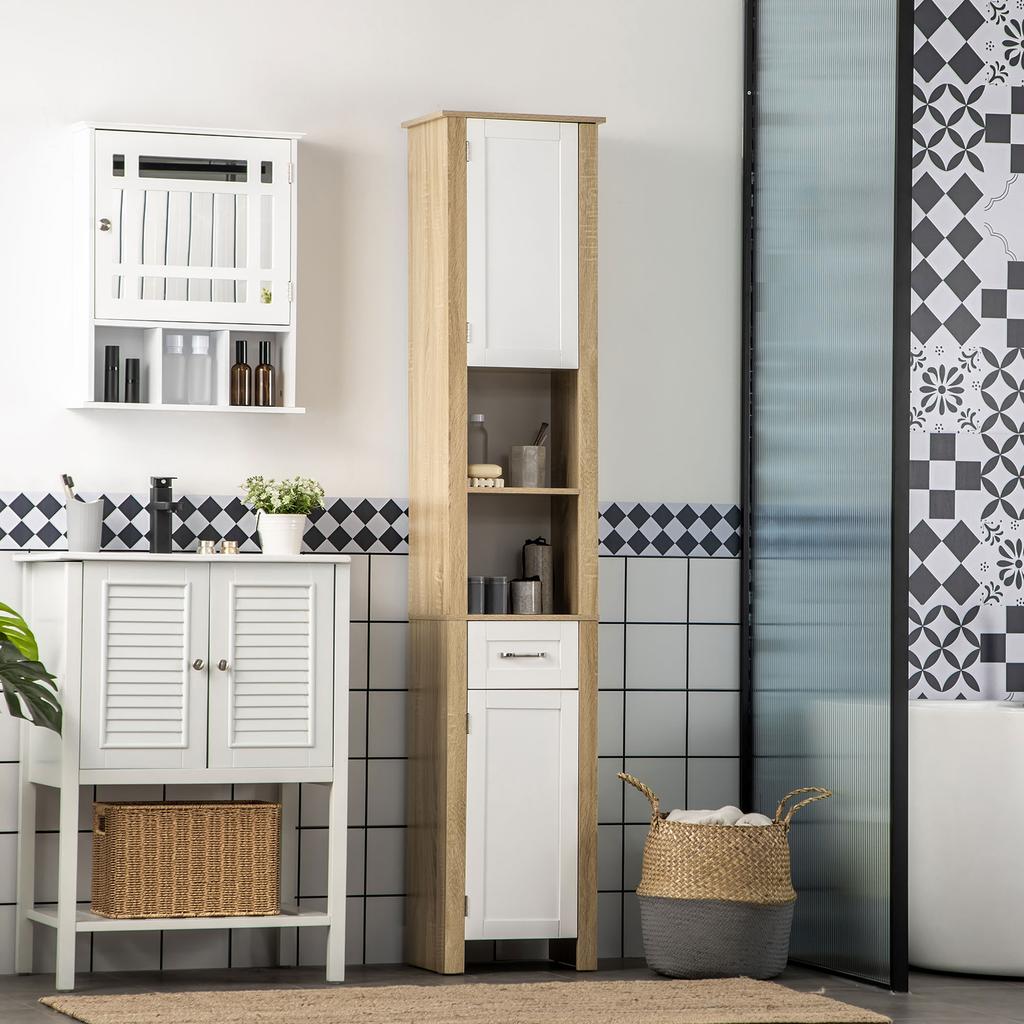 Tall Bathroom Cabinet In Particleboard with a Drawer, 2 Cabinets and 2 Adjustable Open Shelves, 37x30x184 Cm